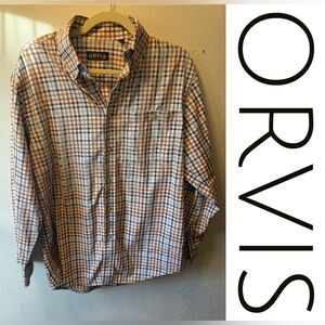 Orvis Country Twill Plaid Button-Down Shirt Men’s Medium 100% Cotton Blue Brown